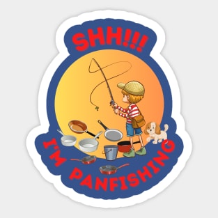 Shh.. I'm panfishing cottage core boy with dog fishing indoors Sticker